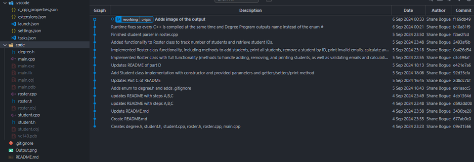 A VS Code git graph listing about 16 commits from September 4 to 6, 2024, next to the project file tree.