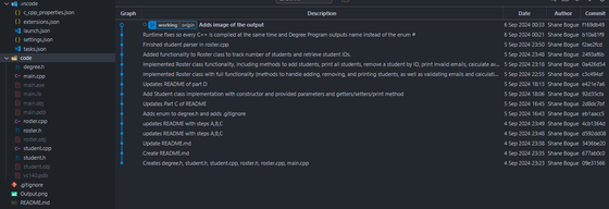 A VS Code git graph listing about 16 commits from September 4 to 6, 2024, next to the project file tree.