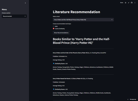 A dark Streamlit app titled Literature Recommendation, with a book picker, KNN and cosine similarity options, and a list of similar books with ratings, similarity scores and genres.