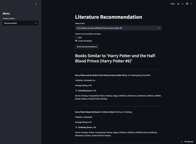 A dark Streamlit app titled Literature Recommendation, with a book picker, KNN and cosine similarity options, and a list of similar books with ratings, similarity scores and genres.