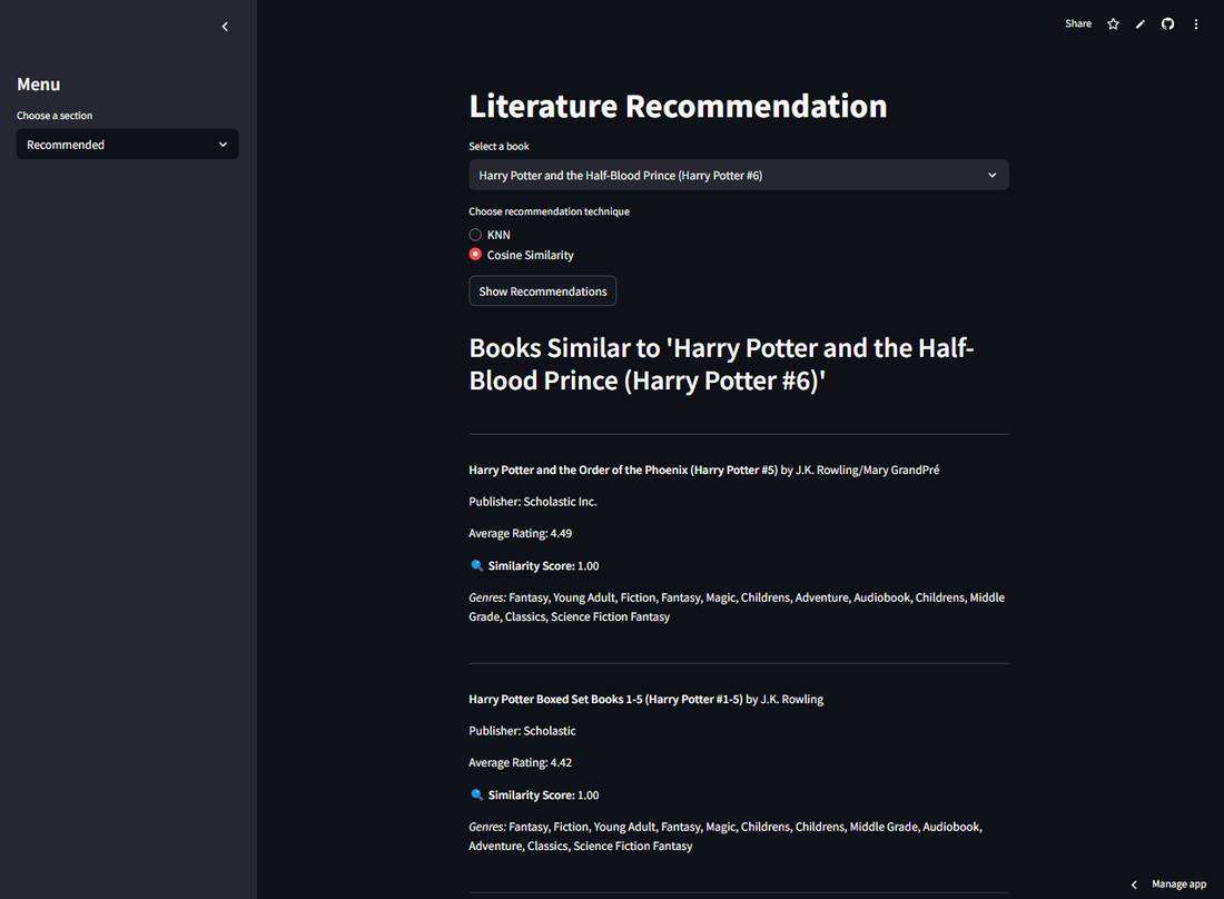 A dark Streamlit app titled Literature Recommendation, with a book picker, KNN and cosine similarity options, and a list of similar books with ratings, similarity scores and genres.