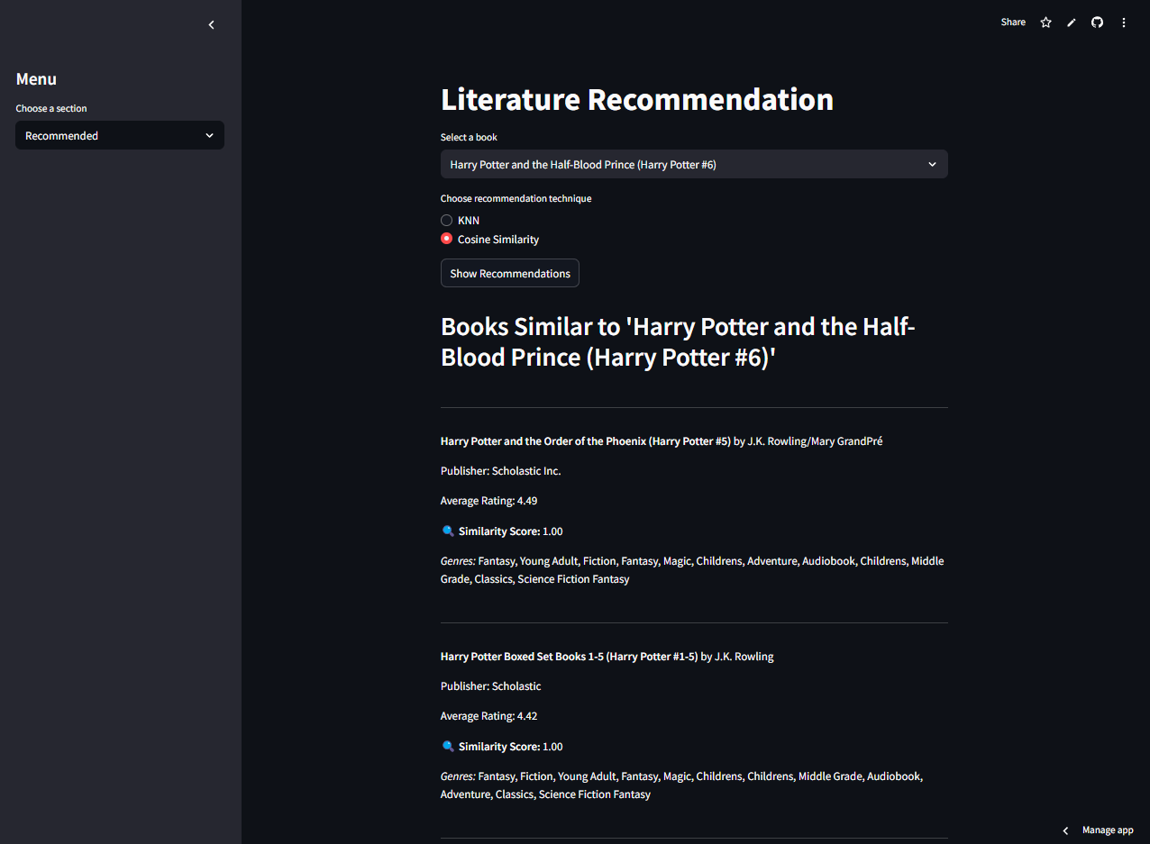 A dark Streamlit app titled Literature Recommendation, with a book picker, KNN and cosine similarity options, and a list of similar books with ratings, similarity scores and genres.