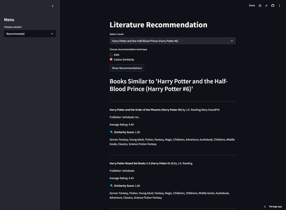 A dark Streamlit app titled Literature Recommendation, with a book picker, KNN and cosine similarity options, and a list of similar books with ratings, similarity scores and genres.