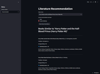 A dark Streamlit app titled Literature Recommendation, with a book picker, KNN and cosine similarity options, and a list of similar books with ratings, similarity scores and genres.