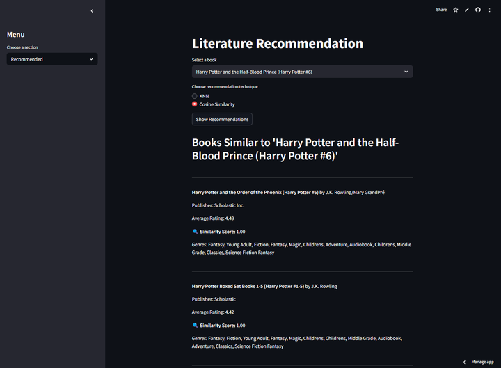 A dark Streamlit app titled Literature Recommendation, with a book picker, KNN and cosine similarity options, and a list of similar books with ratings, similarity scores and genres.