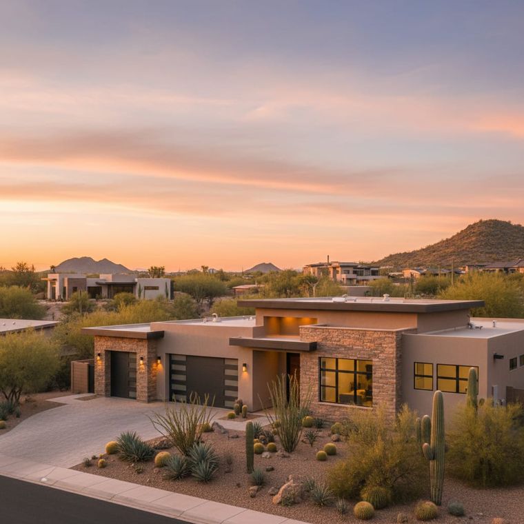 An AI-generated desert house at sunset.