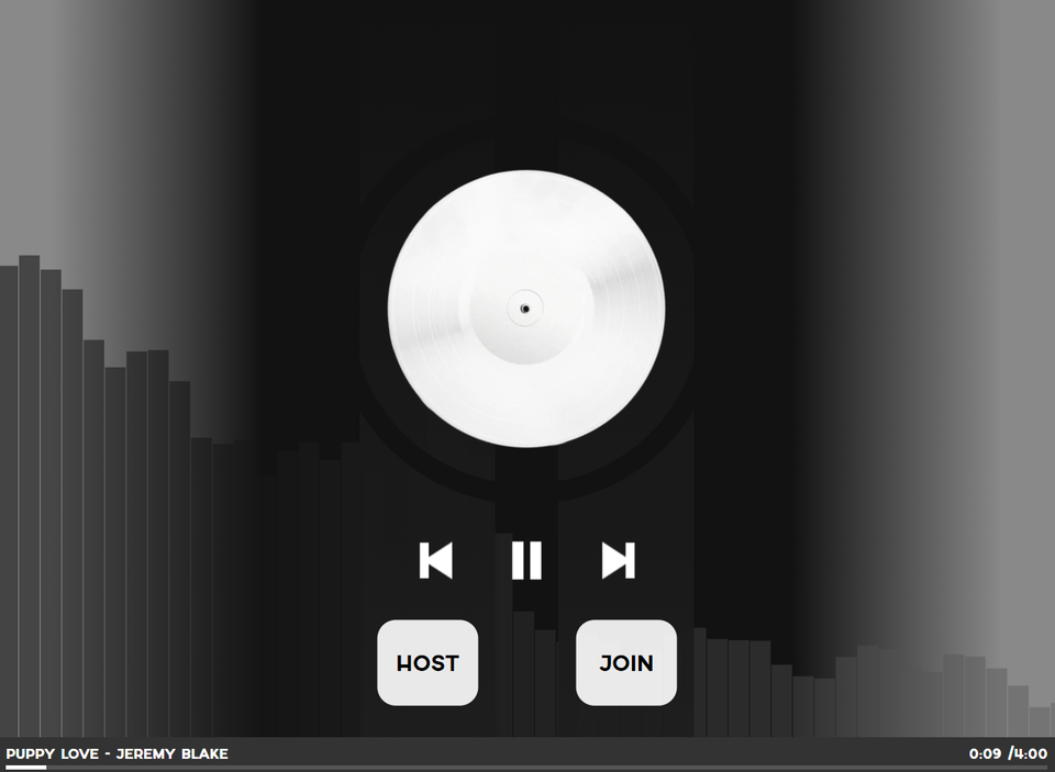 A dark music player with a white vinyl record, playback buttons, Host and Join buttons and gray audio-visualizer bars.
