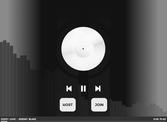 A dark music player with a white vinyl record, playback buttons, Host and Join buttons and gray audio-visualizer bars.