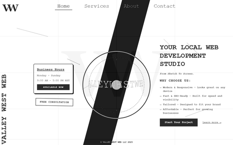 Black and white web page on a faint blueprint grid: a VW monogram at top left, a diagonal black band behind a circular text sphere, and the headline "Your local web development studio" on the right.
