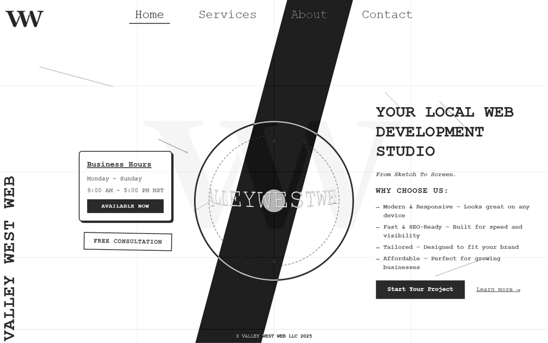 Black and white web page on a faint blueprint grid: a VW monogram at top left, a diagonal black band behind a circular text sphere, and the headline "Your local web development studio" on the right.